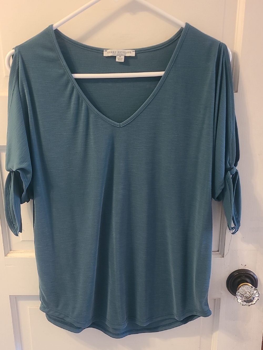 Green Envelope Teal V-Neck Tie-Sleeve Women's Top